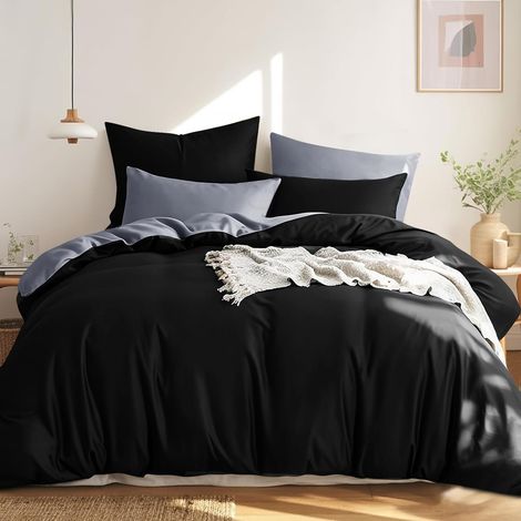 Parure de lit 200x200 Coton Noir - Ensemble de literie 200x200cm 3 pièces, parure de lit réversible 3 pièces avec fermeture éclair, ensemble de housse de couette bicolore Noir et Gris en coton (1/5)