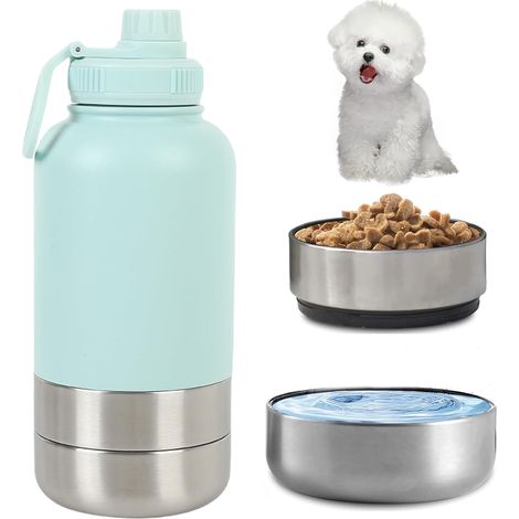 950 ml 3-in-1 Hunde-Trinkflasche für unterwegs, isolierte Edelstahl-Trinkflasche für Hunde mit Futter- und Wassernapf, Thermoskanne für Hunde für Reisen und Outdoor-Aktivitäten (Blau, L) (1/5)
