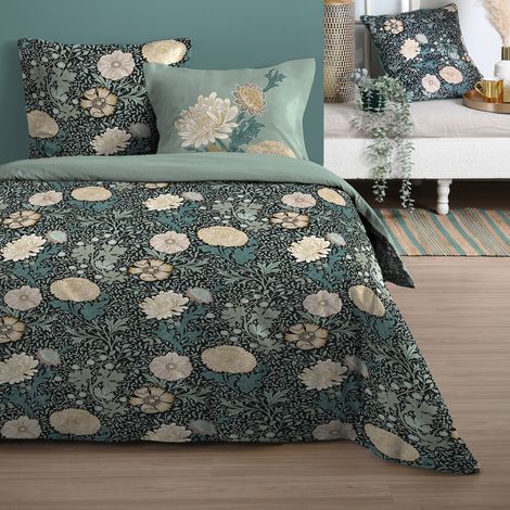 Parure de lit 3 pièces florale en coton Bleu 260x240 cm