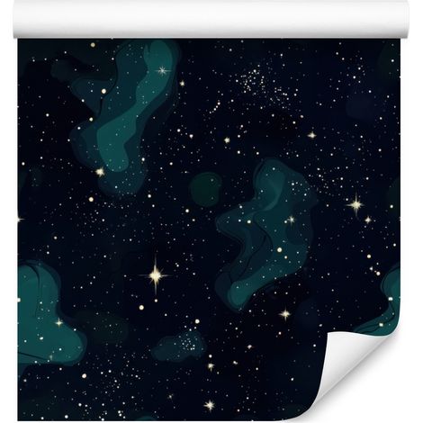 Papel pintado de galaxia en acuarela, negro, turquesa y azul marino, 50x1000 cm. (1/5)