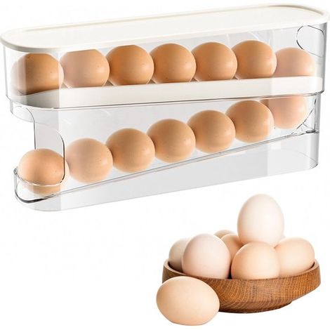 Soporte para huevos - Estante para huevos - Organizador de cocina - Automático con ruedas - 2 piezas - Blanco (1/5)