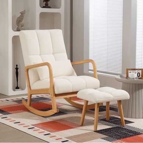 Silla mecedora con reposapiés de madera blanca, revestimiento de fleece, 64,5 x 82 x 99 cm (1/5)