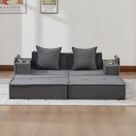 Sofá cama modular de 2 plazas en pana con almacenaje, gris oscuro DESVIAE (1/5)