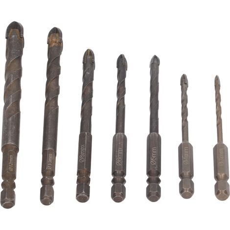 Set mit 7 einzigartigen, kreuzförmigen Sechskant-Hartmetallbohrern für Glas, Keramik, Fliesen, Ziegel, Wände und Holz. (1/5)