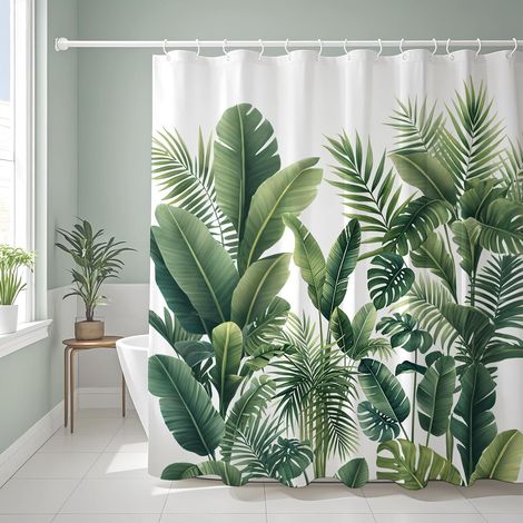 Cortina de ducha con estampado de palmeras verdes, 180x200 cm, diseño 3D HD, poliéster lavable con 12 ganchos. (1/5)