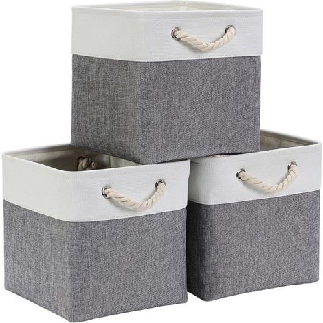 Cube de rangement pliable 33×33×33 cm - lin & non-tissé, lot de 3, cadre métal (blanc et gris) (1/5)