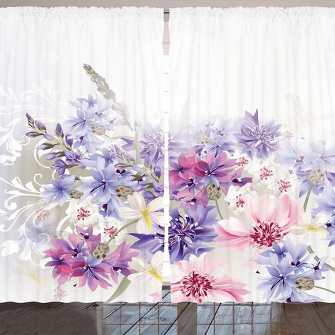 Rideau ARANDE Lavande, motif bouquet floral classique bleuet pastel, pétales de fleurs, 280 x 175 cm, violet, blanc, rose (1/2)