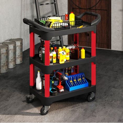 Chariot d'atelier mobile à 3 niveaux avec poignée et roulettes freinées, en plastique noir, 68 kg, pour garage, atelier et entrepôt - CHICFURN (1/5)