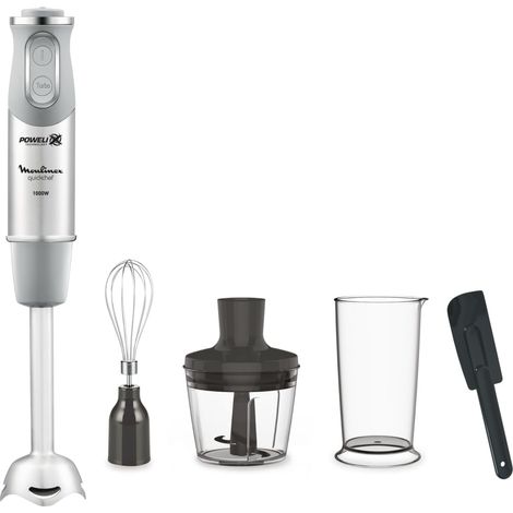 Moulinex Quickchef, Frullatore a mano + spatola, piede metallico, 1000 W, 10 velocità, lame Powelix, tritatutto 500 ml, bicchiere dosatore 800 ml, grigio DD655DES