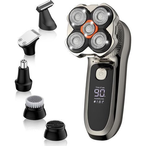 Rasoir électrique pour la tête 6-en-1 — Rasoir 5D pour hommes, étanche IPX6 (utilisation sur peau sèche ou humide), rasoir sans fil idéal pour l'entretien et le stylisme du visage. (1/5)