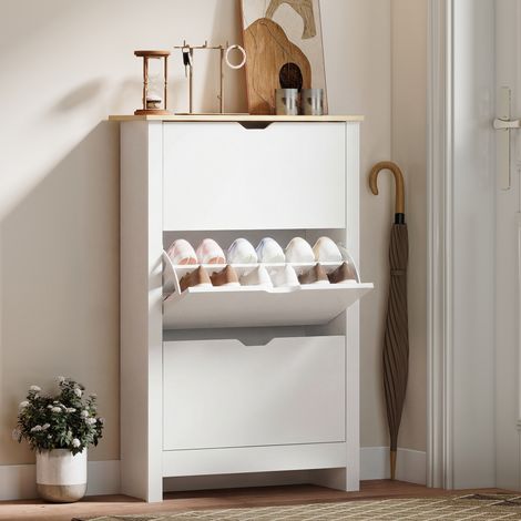 Étagère à chaussures étroite pour 18 paires. 3 tiroirs et 2 étagères réglables et amovibles. 72 x 26 x 112 cm. Blanc