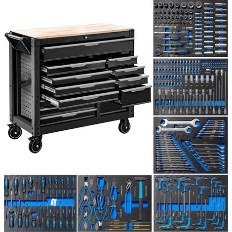 Carro de taller grande de 13 cajones con bandeja de madera, Edición XXL con 6 módulos de herramientas AZUL (1/5)