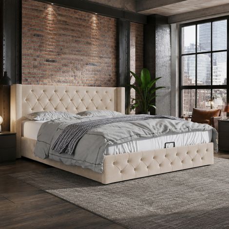 CHICFURN Letto contenitore matrimoniale 160x200 cm in velluto beige con sollevamento idraulico (1/5)