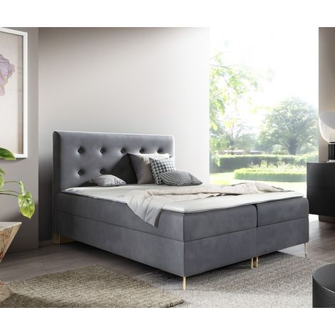 Sofello Boxspringbett LOUI 140 x 200cm 2x Bettkasten TOPPER 5cm Gratis Grau Velour hohe goldene Beine (1/5)