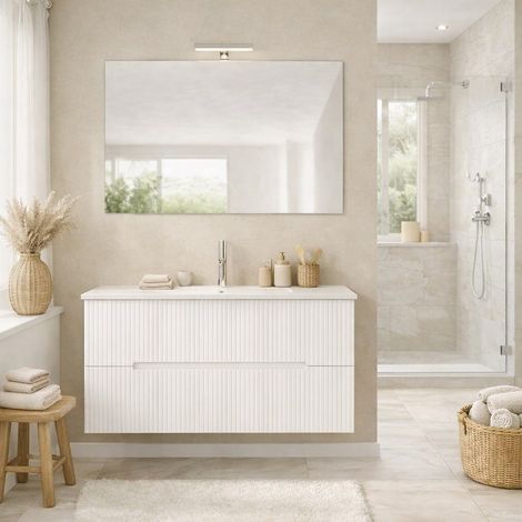 Mobile Bagno Sospeso 100Cm Bianco Con Frontale Cannettato Bianco Magnolia