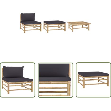 INLIFE Salon de jardin 3 pcs avec coussins gris foncé Bambou (1/5)
