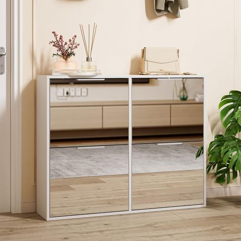 UEV Scarpiera con 4 Ante a Specchio, Armadietto Scarpe con Specchio Funzionale, Portascarpe da Ingresso, 100 x 23 x 80,5 CM, Bianco