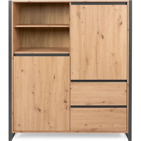 Aparador alto con cajones, compartimento abierto, roble, perfiles antacita, 120 x 40 x 140 h cm (1/4)