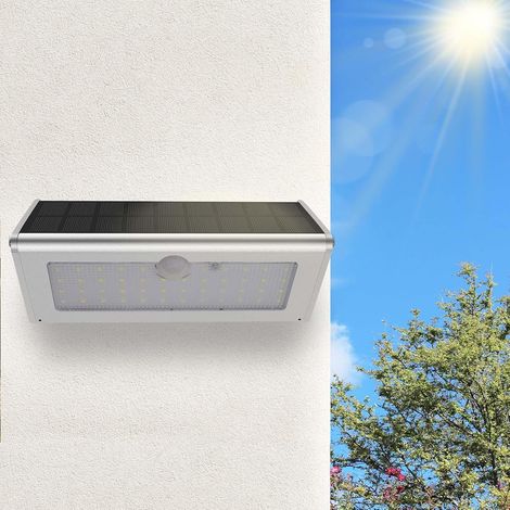 Lampe solaire d'extérieur avec détecteur de mouvement, 4 modes, 46 LEDs, 1100lm, 120° angle d'illumination, IP65 lampe murale étanche pour patio, garage, jardin (lumière blanche) [Classe énergétique E (1/5)