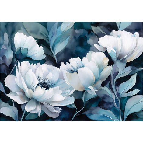 Moderne Fototapete Blaue Blumen Weiß – Großformat Wandtapete 150x105 cm – Design für Wohnzimmer & Schlafzimmer