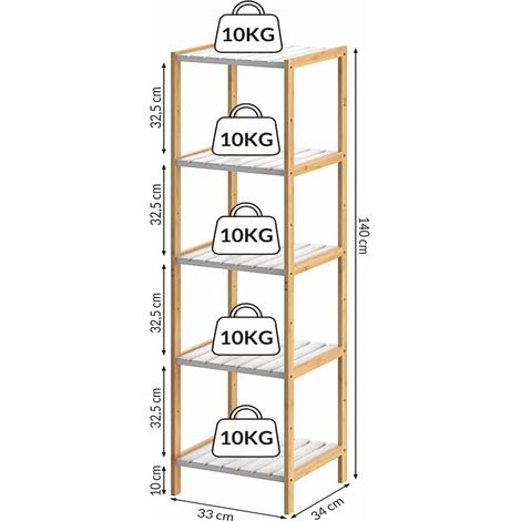 Bamboo standing shelf white 5 tiers 140x33x34cm (1/5)