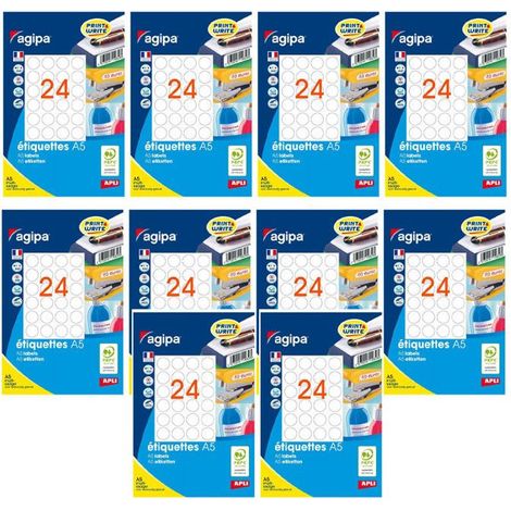 10 paquets de 384 étiquettes rondes adhésives blanches diamètre 30mm 24 étiquettes par planche A5 Apli/Agipa