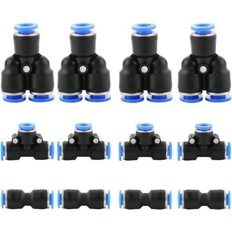 12 pcs Pneumatique Raccords de Tuyau Raccord, fixations pneumatique Push dans, Tuyau d'air pneumatique Raccord, 1/4 inch (6mm : Y+T+I Type Combo) (1/4)