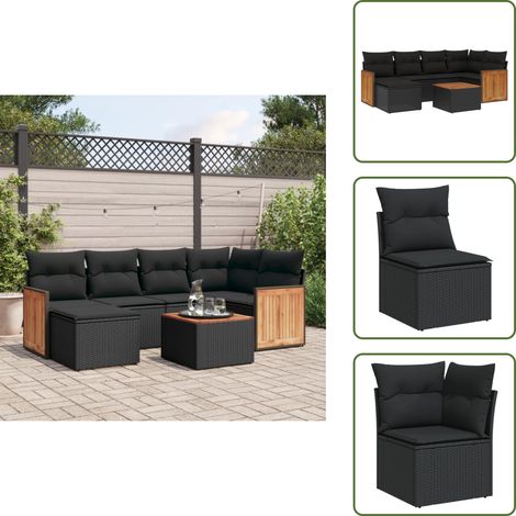 The Living Store Salon de jardin 7 pcs avec coussins noir résine tressée - Ensemble Salon De Jardin - Meuble Extérieur - Mobilier De Jardin - Chaise Longue - Set De Salon