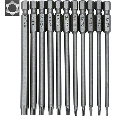 Lot de 11 embouts de tournevis magnétiques 100 mm en acier S2, tailles T6 à T40, 1/4 pouce, embouts longs pour perceuse, visseuse, réparation et bricolage (1/5)