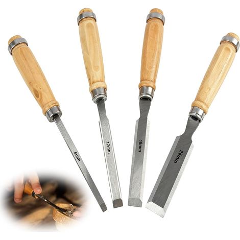 4 Pièces Jeu de Ciseaux Travail du Bois 6, 12, 19, 24mm, Outil de Burin pour Menuiserie, Burins à Bois avec Capuchon de Frappe, Ciseau Au Manche En Bois, En Acier Outils Pour Le Travail du Bois (1/5)