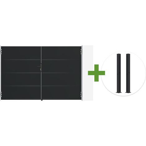 Portail battant acier noir mat 3m NALI H.200cm + 2 poteaux 10x10 acier CARMO (1/5)