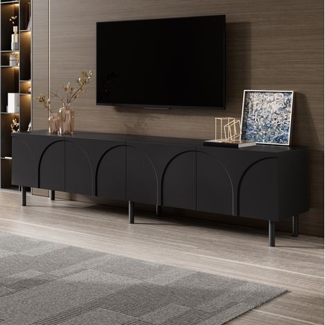 Meuble TV 180 cm 4 portes MDF noir pieds métal OKMYHOME (1/5)