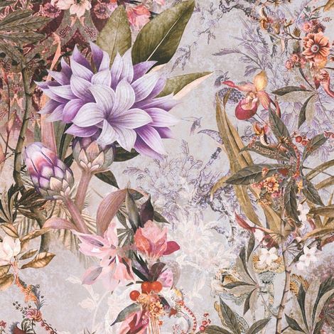 Papier peint floral saumon et rose Tapisserie tendance à fleurs style botanique Papier peint fleuri sur fond gris idéal pour couloir (1/4)