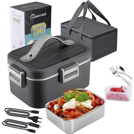 Elektrische Lunchbox mit Heizfunktion, 75 W, abnehmbar, Edelstahl, 1,8 l, 12 V/24 V/220 V, Lunchbox für Auto/LKW/Büro, isolierte Tasche (1/5)