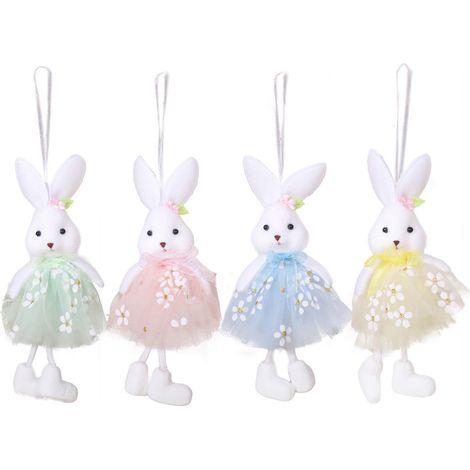 [Pinke, grüne, gelbe und blaue Hasenanhänger] Set mit 4 niedlichen Plüschhasenanhängern für Ostern, als Deko für Zuhause und als Accessoires für Mottopartys. (1/2)