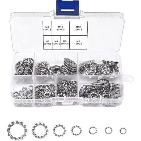 270 Pièces Dent Interne Étoile Rondelles, Rondelles en Étoile Dentelées, Rondelles de Verrouillage à Vitesse Rapide, 7 Tailles M3 M4 M5 M6 M8 M10 M12