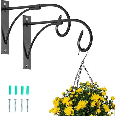 2 Stück Hängekorb-Halterung für den Außenbereich, Pflanzenhaken, schwarze Zaunhaken für Hängekörbe, Metall-Garten-Hängehaken, Pflanzen-Hängeklammern, Laternen