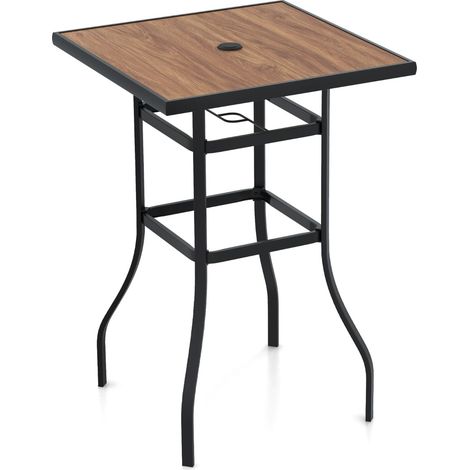Tavolo da bar da giardino 70cm con piano in finta legno foro per ombrellone da 39mm, Tavolo quadrato da bistro (1/4)