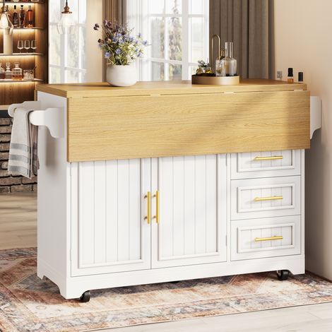 Kücheninsel 120×40×95 cm aus weißem MDF mit klappbaren Erweiterungen – MEUBLIV (1/5)