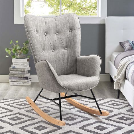 MEUBLES COSY Sedia a dondolo in stile sedia a dondolo - Stile scandinavo - Tessuto grigio chiaro - Gambe in vero legno di faggio - 68x 85x97cm, Tessuto grigio / Tessuto grigio (1/5)