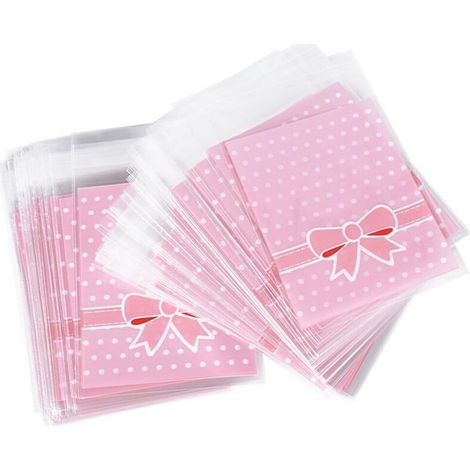 8x10CM+2.8CM 200pcs Pink Bow Tie Pattern Candy Bags with Self-Adhesive for Candy, Jewelry, and Small Items (1/5)