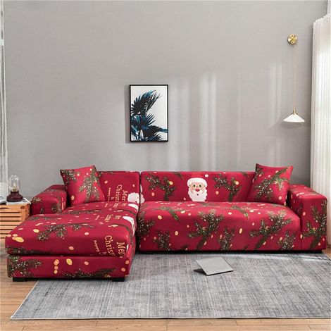 Santa Claus Cedar Branch Elastic Sofa Cover, Red Sofa Cover for Christmas Themed Living Room, Suitable for 4 Seater (1/5)
