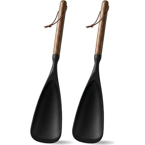 Küchenlöffel aus Silikon – 2er-Set – 32,5 cm – Kochspatel mit Holzgriff – Schwarz (1/5)