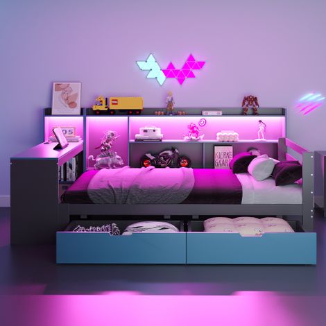 Schlafsofa aus Massivholz,Mit Schreibtisch Bücherregal Ablagefächern und Regalen, Mit Steckdose, Mit 2 großen Ablagefächern, Multifunktionales Holzbett