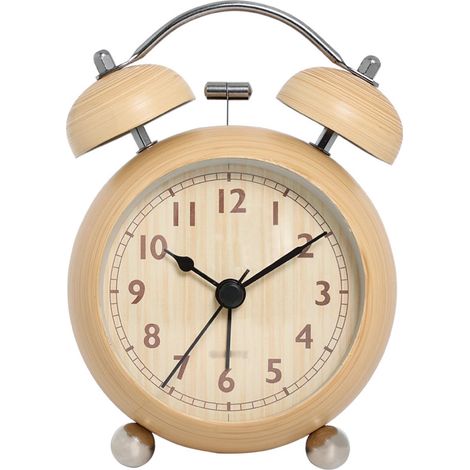Réveil de table silencieux, 3,5 pouces horloge créative bois grain métal avec rétroéclairage, horloge analogique à piles avec verre HD, double cloche décorative pour chambre salon bureau (1/5)