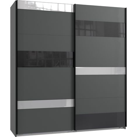 Armoire, meuble de rangement coloris graphite, rechampis et verre coloris noir - Longueur 180 x Hauteur 210 x Profondeur 65 cm -PEGANE-