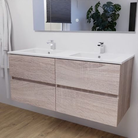 Doppelwaschbecken 120 cm ROSALY - Holz - Sp∏lbeckenplatte aus Keramik (1/5)