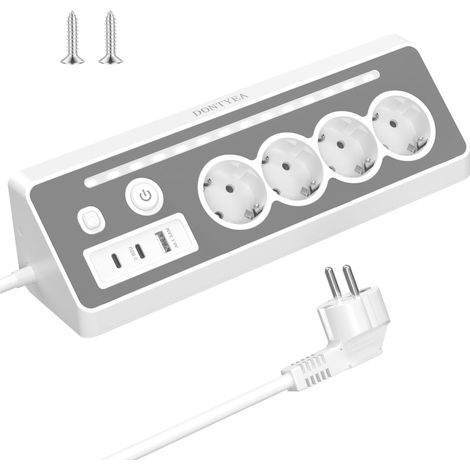 Multiprise de table 4 prises avec USB-A et 2 ports de type C (3680 W 16 A), avec 2 interrupteurs indépendants, veilleuse LED multiple et protection contre les surtensions, pour cuisine, bureau, 2 m (1/5)