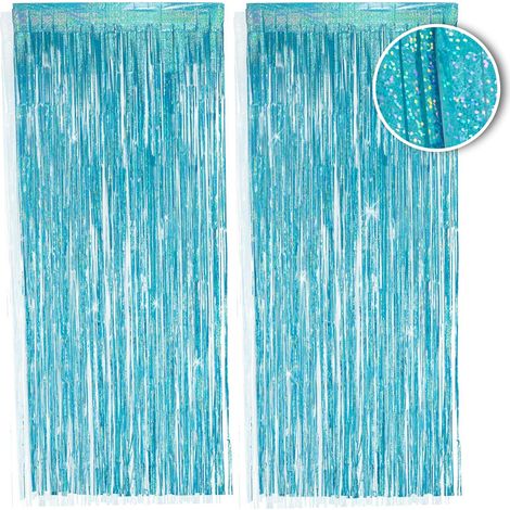2 pièces Rideau en franges, 1x2,5m, Bleu clair, Lametta métallique, Décoration fête, Nouvel An (1/5)