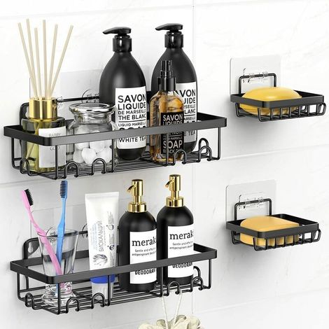 Shower caddy with 6 hooks. Adhesive shower caddy with soap dish. No-drill bathroom shower caddy. Rust-resistant bathroom accessory storage box. (1/5)